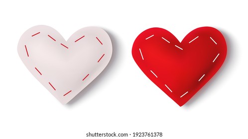 Set of decorative  red and white felt heart isolated on white background. Valentines day design template. Vector stock illustration.