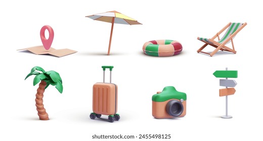 Set of decorative resort elements in 3d realistic style. Suitcase, map, umbrella, lifebuoy, road sign, palm, camera, chair isolated on white background. Vector illustration