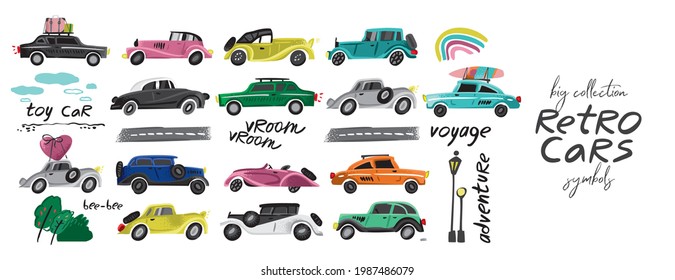 Set of decorative retro cars, rainbows, trees, roads, lettering isolated on white. Collection of vintage transport for children's decor, cards, poster, printing on fabric. Cartoon vector illustration
