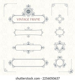 Set of decorative retro monograms, frames and corners. Ornamental seamless background.