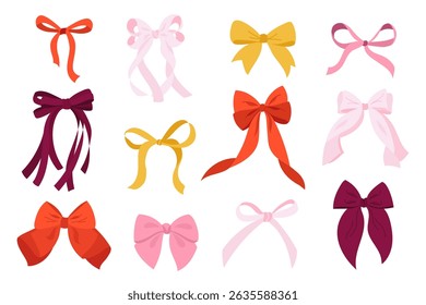 Set decorative ribbon bows in various styles. Vector collection illustrations of satin fabric bows in red, pink, yellow for gift wrapping, hair accessories, greeting cards, festive design, girly decor
