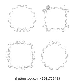 Set of decorative ribbon frames with bows. Square, round, and oval borders in a modern vintage style. Perfect for invitations, greeting cards, tags, and baby or wedding designs.