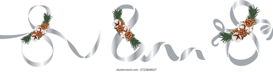 Conjunto de cintas decorativas dobladas en una figura ocho con flores de algodón y conos en el medio del número, para el diseño de postales, Anuncios, carteles