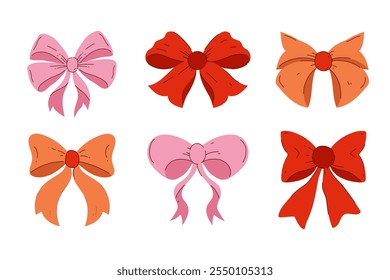 Set von dekorativen Ribbons im handgezeichneten Stil. Enthält einfache Knoten und moderne Bowtie-Designs. Ideal für Feiertage und festliche Dekorationen. 