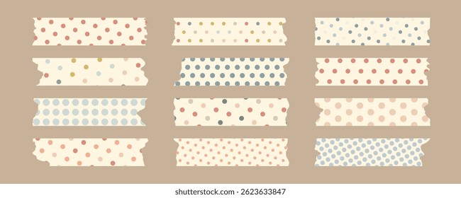 Conjunto de fitas washi rasgadas decorativas com padrões de bolinhas em cores retro pastel. Bordas rasgadas, estilo de vetor plano. Ideal para scrapbooking, jornalismo, planejadores, colagens digitais