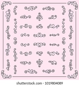 Set of Decorative Romantic Design Elements Calligraphic Swirls for Page Decorations. Collection of Ornamental Lines for Postcard, Greeting, Card, Invitation, Congratulation, Wish.