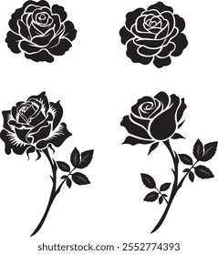 Set of decorative rose black and white vector .Silhouette flowers vector with white background .