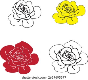 Set of Decorative Rose Flower Illustrations in Outline and Color Variations – Red and Yellow Bloom Icons