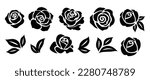 Set of decorative rose with leaves. Flower silhoutte. Vector illustration