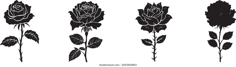 Set of decorative rose with leaves. Flower silhouette. Vector illustration on white background. Icon collection.