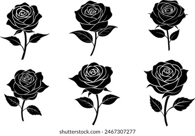 Set of decorative rose with leaves. Flower silhouette. Vector illustration.