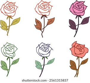 Set of decorative rose with leaves. Flower silhoutte. Vector illustration