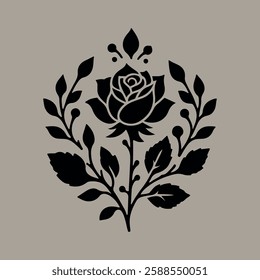 Set of decorative rose with leaves. Flower silhoutte. Vector illustration