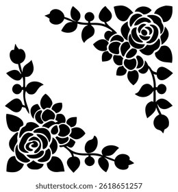 Set of decorative rose with leaves. Flower silhoutte