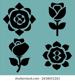 Set of decorative rose with leaves. Flower silhoutte