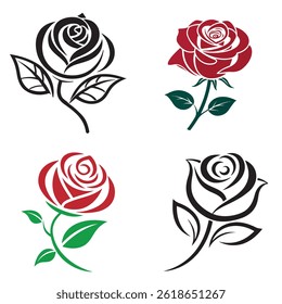 Set of decorative rose with leaves. Flower silhoutte