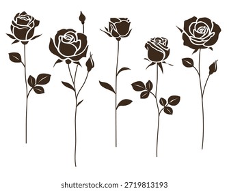Conjunto de rosa decorativa con tallo largo y hojas aisladas en blanco. Icono de silueta de flores. Ilustración vectorial