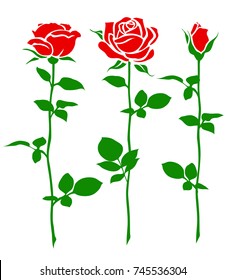 Set of decorative rose with long stem. Vector flower silhouette