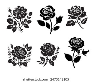 Set of decorative roses with leaves. Flower silhouette. Vector illustration