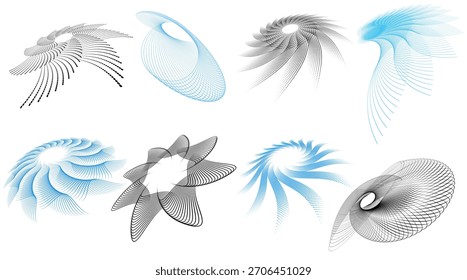 Un conjunto de Formas decorativas giratorias hechas de líneas y puntos. Adecuado para portadas, presentaciones, temas de tecnología, diseños publicitarios y fondos abstractos modernos