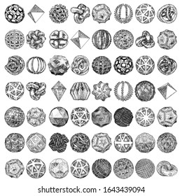 Set of decorative round balls in hand drawn style. Abstract occult magic balls or mysterious fortune reader orbs, 3d sphere crystals. Different stars. Vector. 