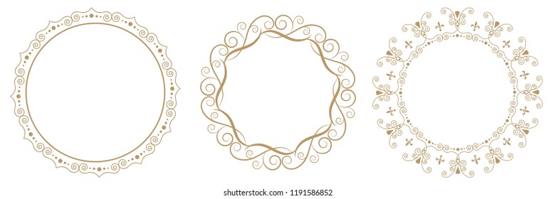 Set of decorative round frames for design with floral ornaments. Circle frame. Templates for printing postcards, invitations, books, for textiles, engraving, wooden furniture, forging. Vector
