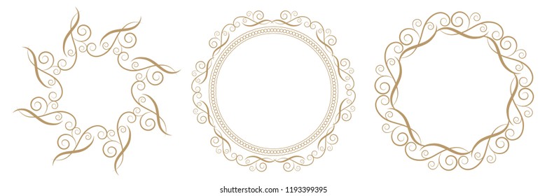 Set of decorative round frames for design with floral ornaments. Circle frame. Templates for printing postcards, invitations, books, for textiles, engraving, wooden furniture, forging. Vector