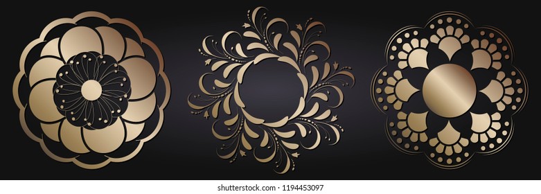 Set of decorative round frames for design with floral ornaments. Circle frame. Templates for printing postcards, invitations, books, for textiles, engraving, wooden furniture, forging. Vector