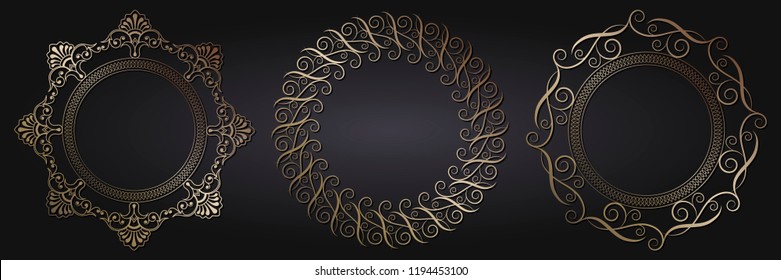 Set of decorative round frames for design with floral ornaments. Circle frame. Templates for printing postcards, invitations, books, for textiles, engraving, wooden furniture, forging. Vector