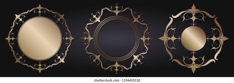 Set of decorative round frames for design with floral ornaments. Circle frame. Templates for printing postcards, invitations, books, for textiles, engraving, wooden furniture, forging. Vector