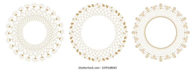 Set of decorative round frames for design with floral ornaments. Circle frame. Templates for printing postcards, invitations, books, for textiles, engraving, wooden furniture, forging. Vector