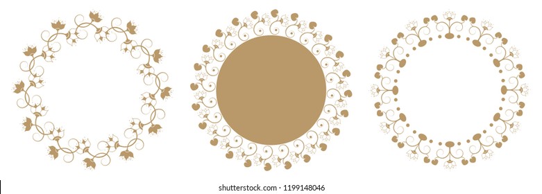 Set of decorative round frames for design with floral ornaments. Circle frame. Templates for printing postcards, invitations, books, for textiles, engraving, wooden furniture, forging. Vector