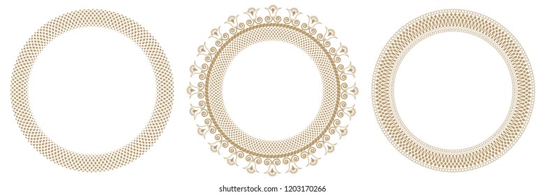 
Set of decorative round frames for design with floral ornaments. Circle frame. Templates for printing postcards, invitations, books, for textiles, engraving, wooden furniture, forging. Vector

