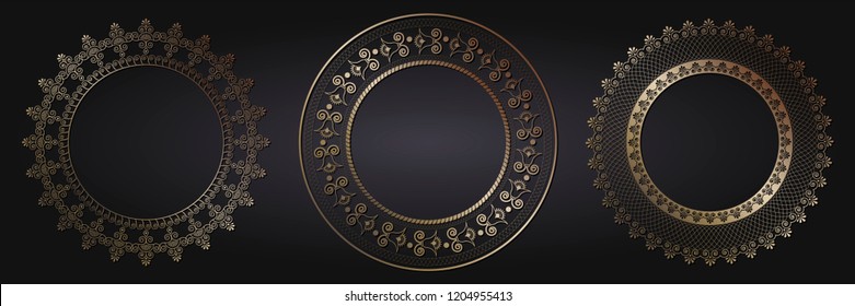 Set of decorative round frames for design with floral ornaments. Circle frame. Templates for printing postcards, invitations, books, for textiles, engraving, wooden furniture, forging. Vector