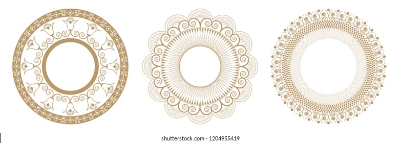 Set of decorative round frames for design with floral ornaments. Circle frame. Templates for printing postcards, invitations, books, for textiles, engraving, wooden furniture, forging. Vector