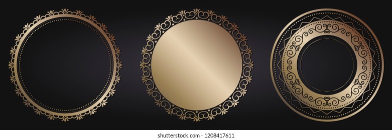 Set of decorative round frames for design with floral ornaments. Circle frame. Templates for printing postcards, invitations, books, for textiles, engraving, wooden furniture, forging. Vector