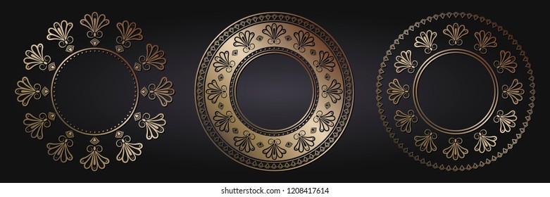 Set of decorative round frames for design with floral ornaments. Circle frame. Templates for printing postcards, invitations, books, for textiles, engraving, wooden furniture, forging. Vector