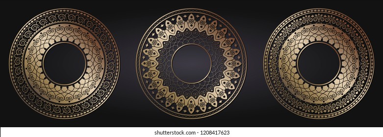 Set of decorative round frames for design with floral ornaments. Circle frame. Templates for printing postcards, invitations, books, for textiles, engraving, wooden furniture, forging. Vector