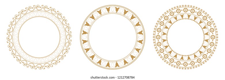 Set of decorative round frames for design with floral ornaments. Circle frame. Templates for printing postcards, invitations, books, for textiles, engraving, wooden furniture, forging. Vector