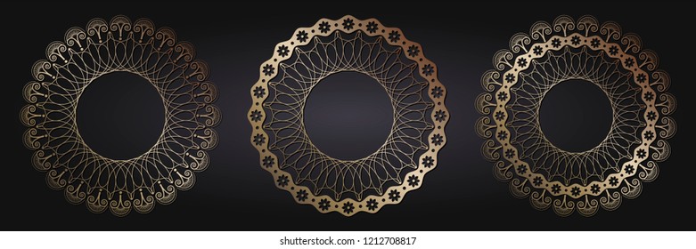 Set of decorative round frames for design with floral ornaments. Circle frame. Templates for printing postcards, invitations, books, for textiles, engraving, wooden furniture, forging. Vector