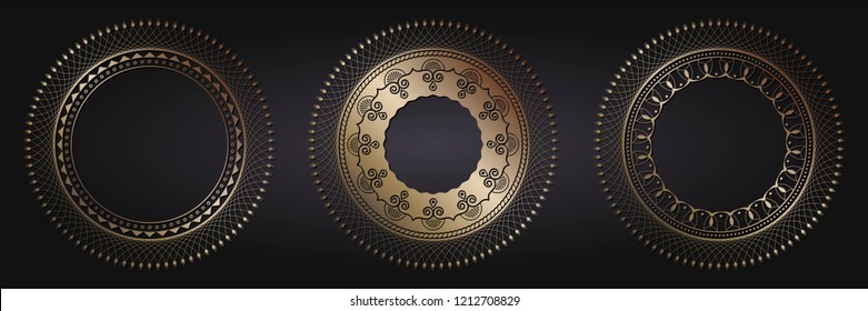 Set of decorative round frames for design with floral ornaments. Circle frame. Templates for printing postcards, invitations, books, for textiles, engraving, wooden furniture, forging. Vector