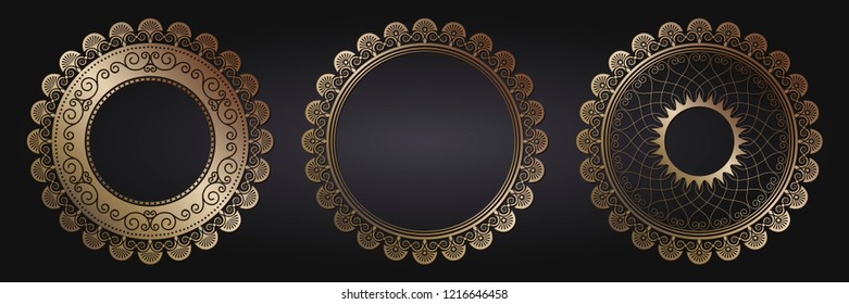 Set of decorative round frames for design with floral ornaments. Circle frame. Templates for printing postcards, invitations, books, for textiles, engraving, wooden furniture, forging. Vector