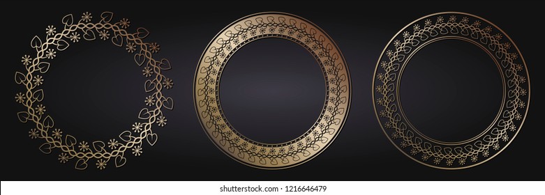 Set of decorative round frames for design with floral ornaments. Circle frame. Templates for printing postcards, invitations, books, for textiles, engraving, wooden furniture, forging. Vector