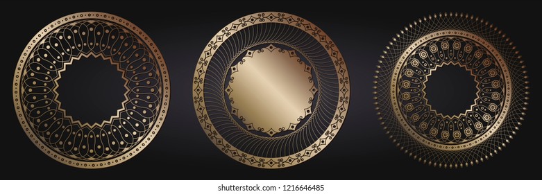 Set of decorative round frames for design with floral ornaments. Circle frame. Templates for printing postcards, invitations, books, for textiles, engraving, wooden furniture, forging. Vector