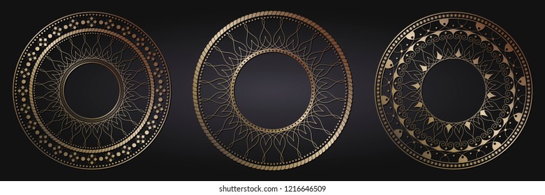 Set of decorative round frames for design with floral ornaments. Circle frame. Templates for printing postcards, invitations, books, for textiles, engraving, wooden furniture, forging. Vector