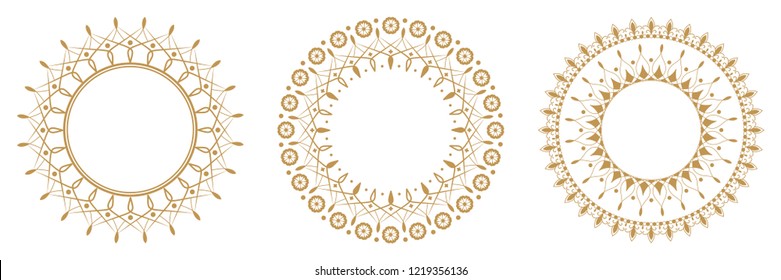 
Set of decorative round frames for design with floral ornaments. Circle frame. Templates for printing postcards, invitations, books, for textiles, engraving, wooden furniture, forging. Vector
