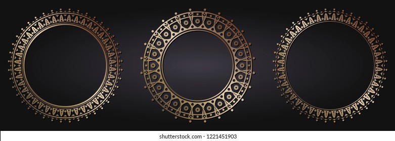 Set of decorative round frames for design with floral ornaments. Circle frame. Templates for printing postcards, invitations, books, for textiles, engraving, wooden furniture, forging. Vector