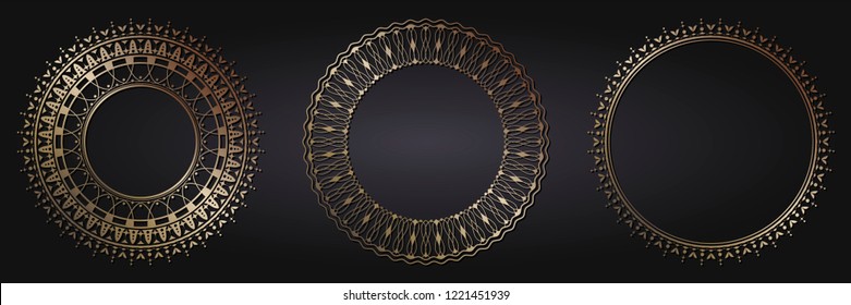 Set of decorative round frames for design with floral ornaments. Circle frame. Templates for printing postcards, invitations, books, for textiles, engraving, wooden furniture, forging. Vector