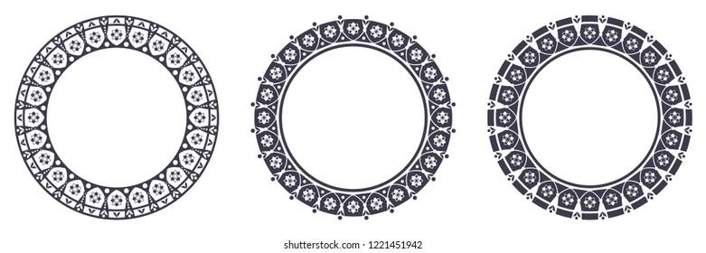 Set of decorative round frames for design with floral ornaments. Circle frame. Templates for printing postcards, invitations, books, for textiles, engraving, wooden furniture, forging. Vector