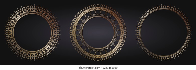 Set of decorative round frames for design with floral ornaments. Circle frame. Templates for printing postcards, invitations, books, for textiles, engraving, wooden furniture, forging. Vector